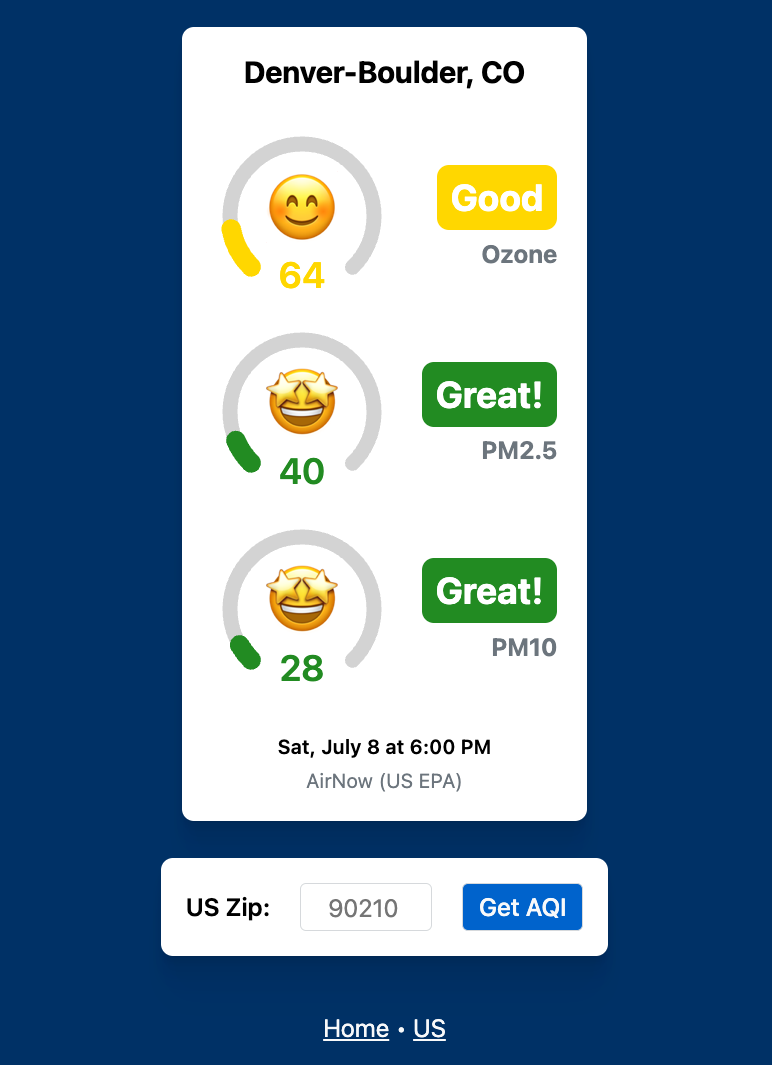 Screenshot of the full AQI app interface